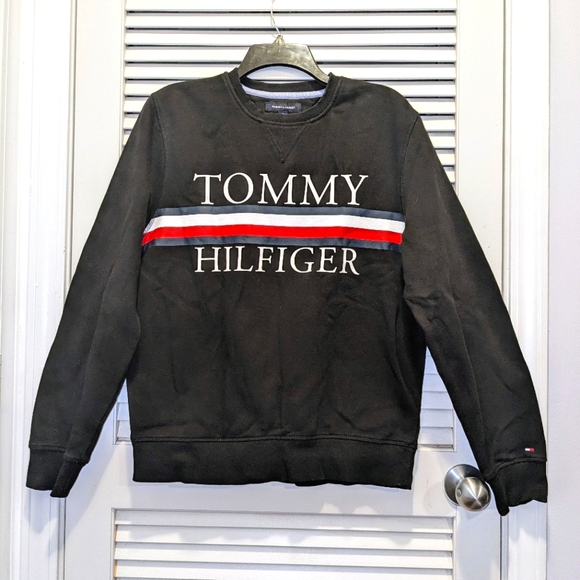 Tommy Hilfiger Women's Med Red White Blue Graphic Logo V-Stitch Sweatshirt Black - Picture 9 of 11